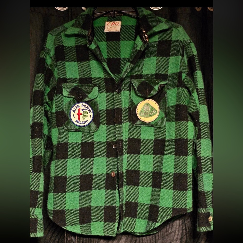 Vintage 1950s Green & black checker wool button up, patches- Alfa Romeo & Lotus.